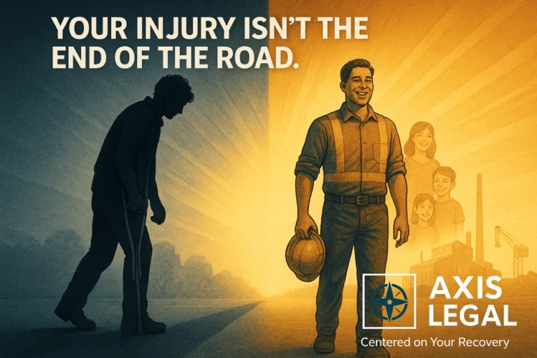 Visual of Axis Legal with the slogan: "Your injury isn't the end of the road," conveying resilience and legal support