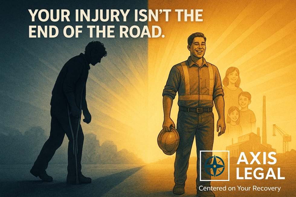 Visual of Axis Legal with the slogan: "Your injury isn't the end of the road," conveying resilience and legal support