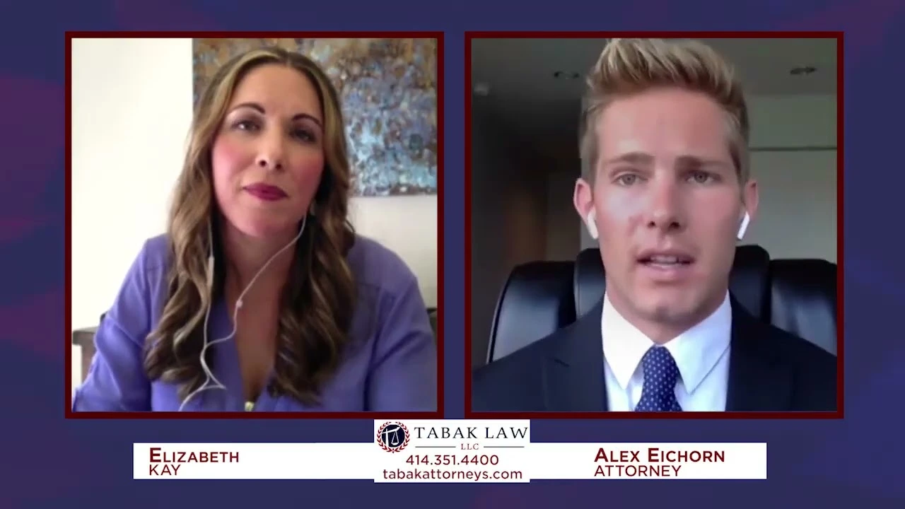 Virtual interview between attorney Alex Eichorn and Elizabeth Kay, with Tabak Law branding visible.