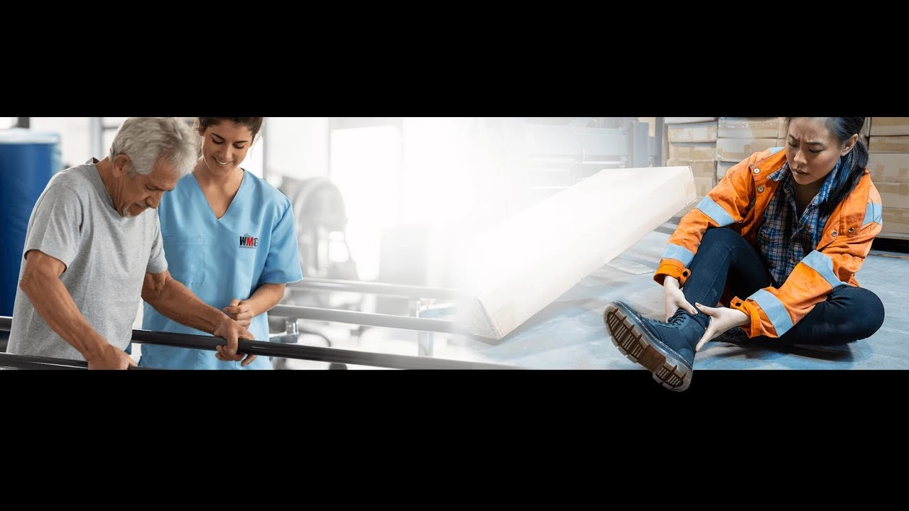 Elderly man receiving assistance during physical rehabilitation and a worker holding an injured ankle.