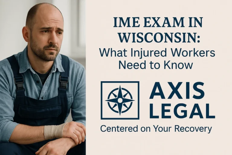 A concerned injured worker wearing overalls and a bandage on his wrist sits indoors. Next to him is informational text that reads: "IME EXAM IN WISCONSIN: What Injured Workers Need to Know AXIS LEGAL Centered on Your Recovery" Below the text is the Axis Legal logo, which features a compass design.