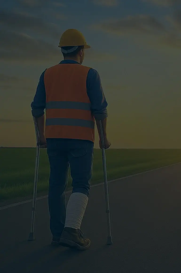 A man on crutches strides down a road, highlighting his perseverance and ability to overcome challenges.