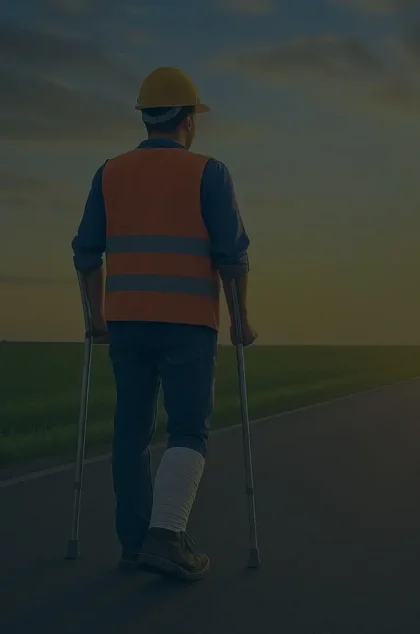 A man on crutches strides down a road, highlighting his perseverance and ability to overcome challenges.
