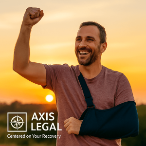 A smiling injured worker with his arm in a sling raises his fist in triumph at sunset, symbolizing hope and recovery after help from Axis Legal in a Wisconsin workers' compensation case.